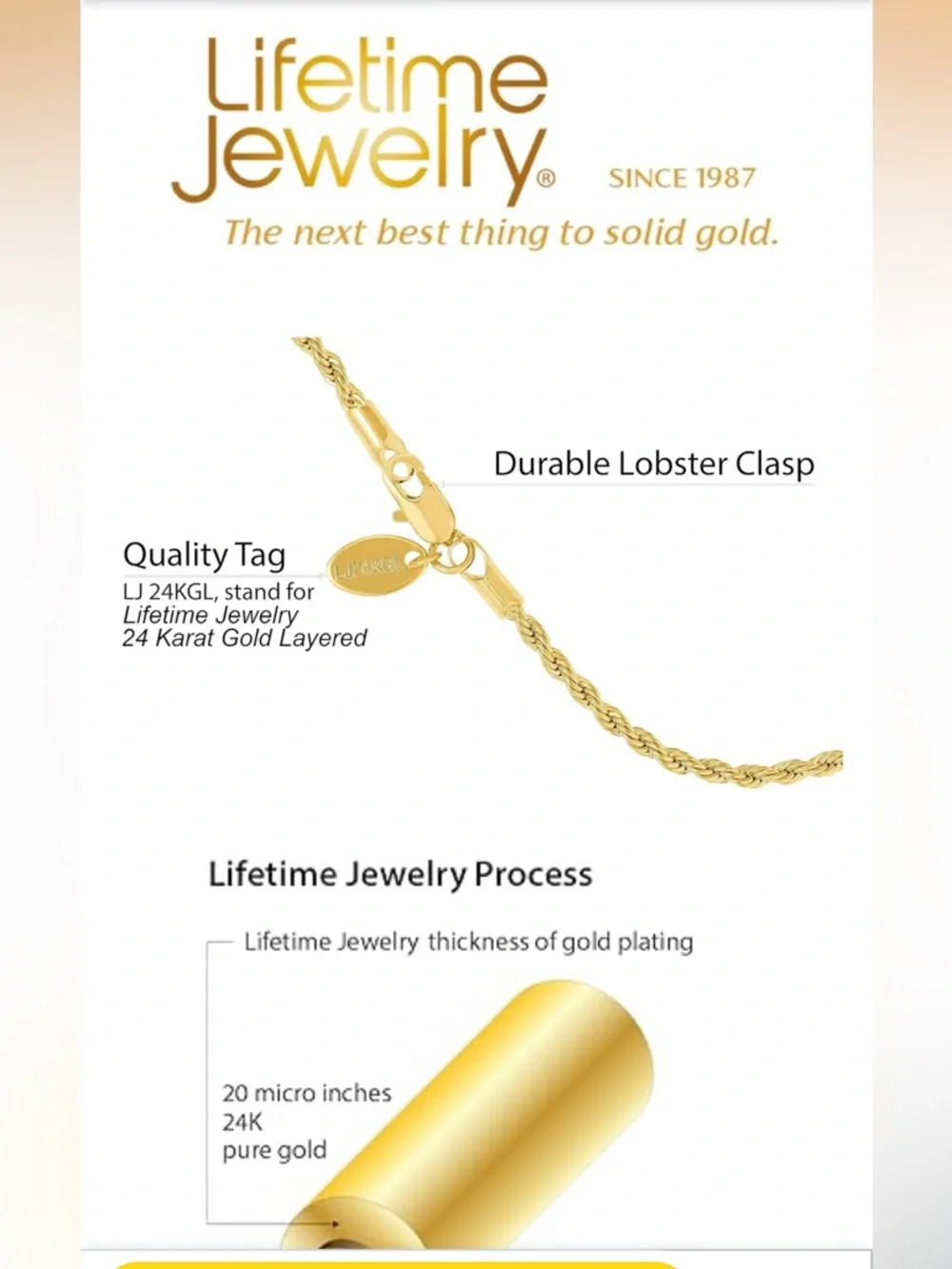 Lifetime Jewelry Layered 24k Gold Plate Rope Chain Necklace - 18” End-End Length